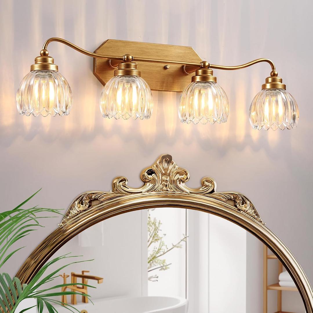 Vintage Bathroom Light Fixtures, 4 Light Gold Bathroom Vanity Light, Matte Antique Brass Finish with Crystal Glass Shade, Wall Sconces Lighting for Bedroom, Living Room, Hallway