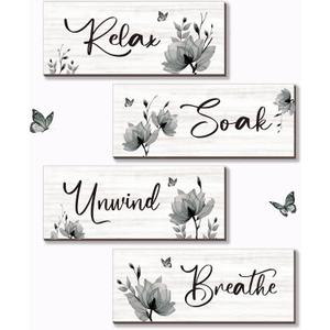 ONIZHITY Set of 4 Black Bathroom Decor With Black Flower Wall Art Inspire Relax Soak Unwind Rustic Farmhouse Wooden Wall Art Ideal for Women's Bedroom, Office, Living Room, Kitchen (10x4)