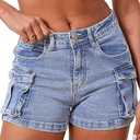 ELLEVEN Women's High-Stretch Cargo Shorts, Y2K Mini, High Waisted, Slim-Fitted Jean Shorts with Pockets - Denim Blue, Large