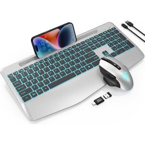Wireless Keyboard and Mouse Backlits, Wrist Rest, LED Mouse, Rechargeable Ergonomic Keyboard with Phone Holder, Silent Light Up Combo for Computer, Mac, PC, Laptop, Chromebook (Silver Black)