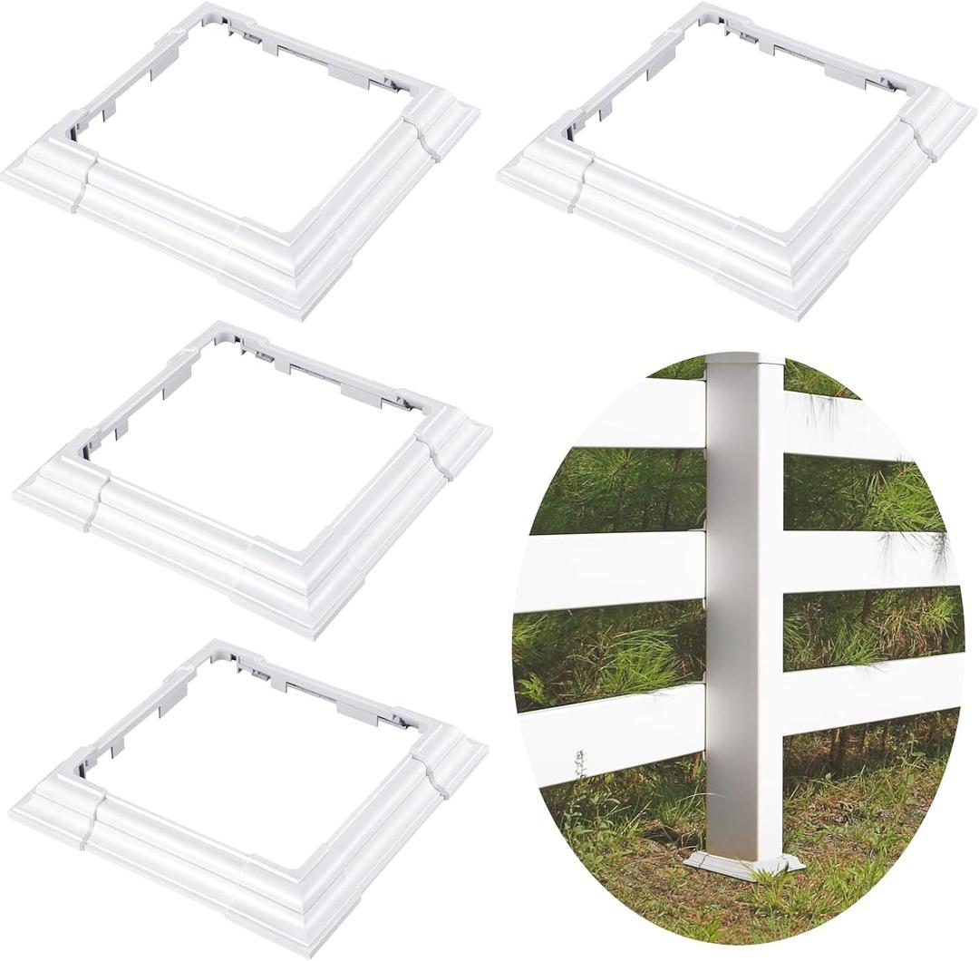 6 x 6 Inches Vinyl Post Sleeve Adjustable Vinyl Post Skirt White Base Porch Column Wraps for 3 to 6.5 Inch Wood Stair Rails(White,4 Pack)