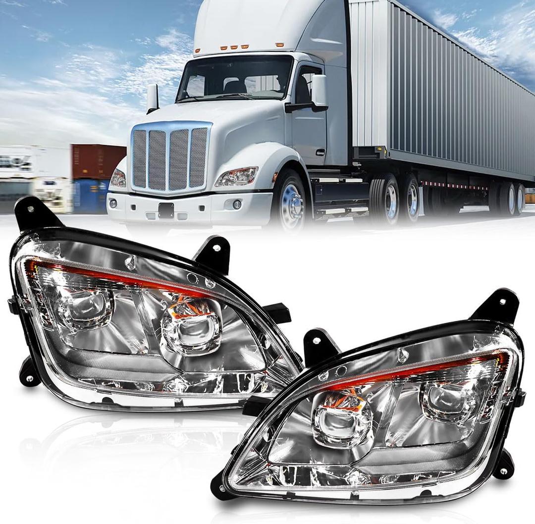 Fit for 2011-2023 Peterbilt 579 587 Class 8 Truck LED Headlight Headlamp Chrome Housing Assembly Replacement Pair/Set