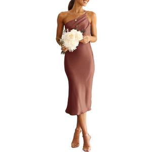 PRETTYGARDEN Women's Midi Satin Dress One Shoulder Spaghetti Strap Backless Ruched Summer Bodycon Dresses (Red Brown, Small)