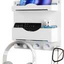 JUMEIHUI Bedside Wall Shelf with Glasses Hooks Adhesive Bedside Organizer Wall Mount for Dorm and Room Accessories PhoneRemoteEarphone Kindle (White)