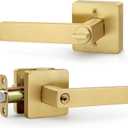 Square Keyed Entry Door Lever, Brushed Gold Door Handles, Heavy Duty Door Lever with Keys and Lock Gold Door Handle Reversible Door Handle for Right/Left Handed Entrance Front Door Bedroom (1 Pack, Satin Brass)