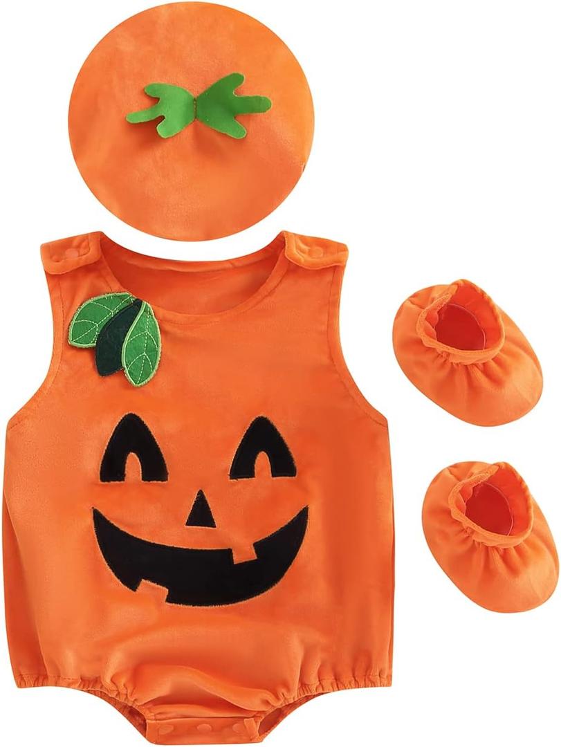 Lamuusaa Newborn Baby Girls Boys Halloween Costumes Sleeveless Pumpkin Romper Bodysuit Hat Socks Halloween Outfits 0-3Y