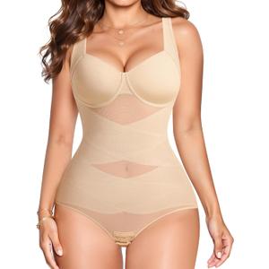 Gotoly Shapewear for Women Tummy Control Bodysuit Faja Body Shaper Waist Trainer V Neck Body Suit with Built in Bra (Small, Beige)