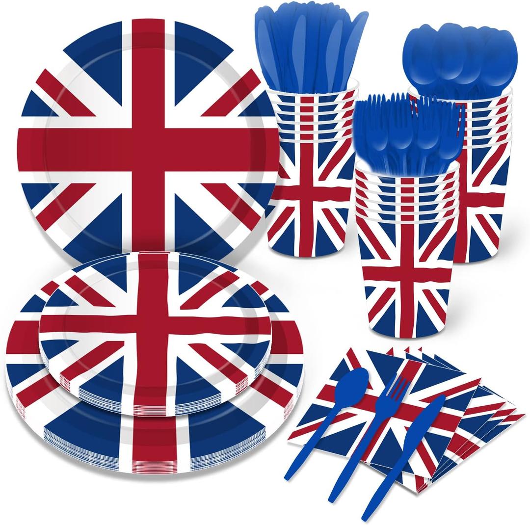141 PCS British Flag Party Supplies Tableware Set Union Jack Party Supplies Union Jack Tableware Including Union Jack Paper Plates Dessert Plates Cups Napkins Disposable knives spoons straws,Serves 16
