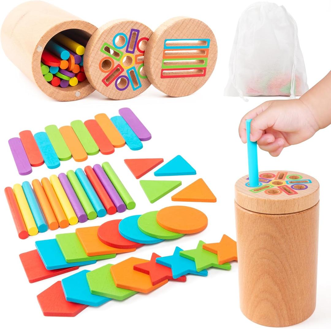 Montessori Wooden Toddler Toys 3-In-1 Fine Motor Skills Learning Set Educational Color Sorting Sensory Toys for 3+ Year Teaches Object Permanence & Cause-Effect Gifts for Boys & Girls