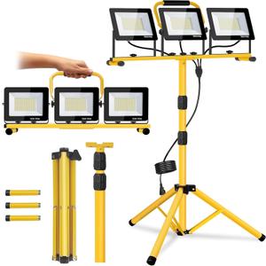 21000 Lumen LED Work Light with Stand -3 Head Portable Work Light 6500 Kelvin Color IP66 Waterproof Tripod Worklights for Job Site Workshop Garage Construction Site Lighting (3-Head)