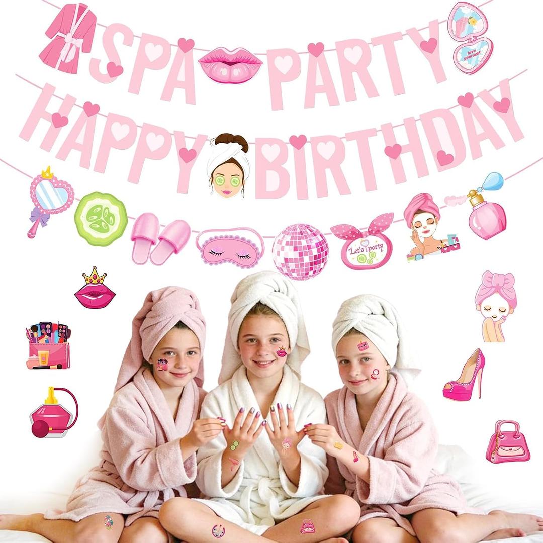 Spa Party Decorations Spa Party Banner Spa Party Temporary Tattoos Pink Slumber Party Decorations Makeup Parties Happy Birthday Sign