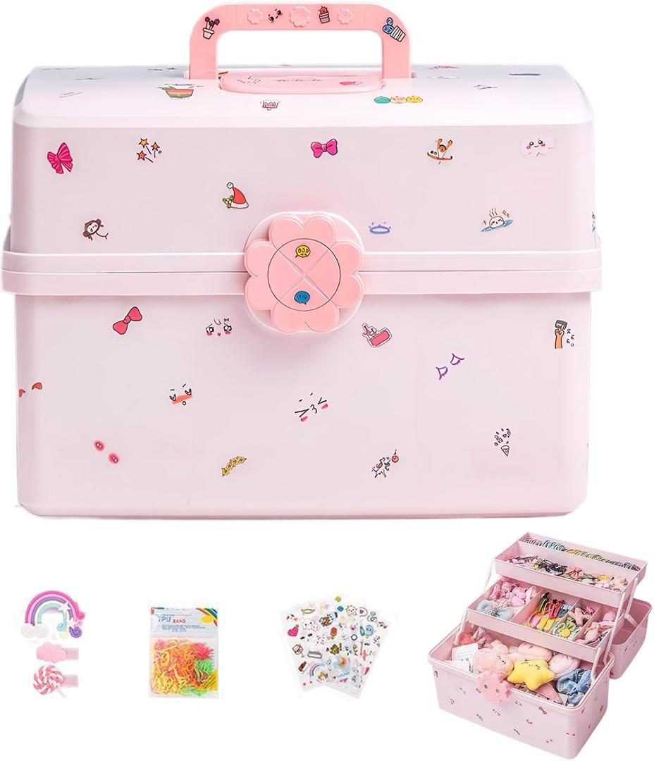 Pulseplay Hair Accessories Organizer for Girls Portable 3-Layer Plastic Craft Storage Organizer with Handle Multipurpose Plastic Storage Box for Sewing,Art Supplies,Medicine,Makeup