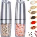EasyCom Gravity Salt and Pepper Mill Set, Battery Powered with LED Light, Adjustable Coarseness, One Hand Automatic Pepper Mill for Kitchen and BBQ, 2 Pack, Silver (large, Sliver)
