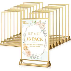 EHWINE 16 Pack Acrylic Sign Holder 8.5 x 11, Double Sided Gold Picture Frame Stand up Table Top Sign Holders, Clear Display Stand Menu Flyer Holder for Wedding Party (Provide Non-slip Mats)
