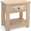 Natural Nightstand Bedside Table End Table Sofa Side Table Multifunctional Design Smooth Slide Out Drawer and Open Shelf Wide Tabletop Drawer Panels with Unique Mirror Design Anti Slip Foot Pads