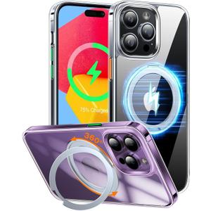 TORRAS 360 Rotatable Ring for iPhone 14 Pro Max Phone Case [Compatible with Magsafe] with Stand, Magnetic Ring Holder Military Grade Shockproof Translucent Back Slim Ostand R, Clear