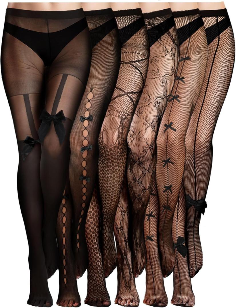 Ramede 6 Pairs Women Fishnet Thigh High Stockings Waist Tights Bow Patterned Fishnet Leggings Pantyhose for Halloween (X-Large-XX-Large, Black)