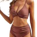 ZAFUL Twist High Waisted Bikini for Women Cross Lace Up Bathing Suit Ruched Bikini Swimsuits Tummy Control Swimwears (Small, 0-solid Brown Red)