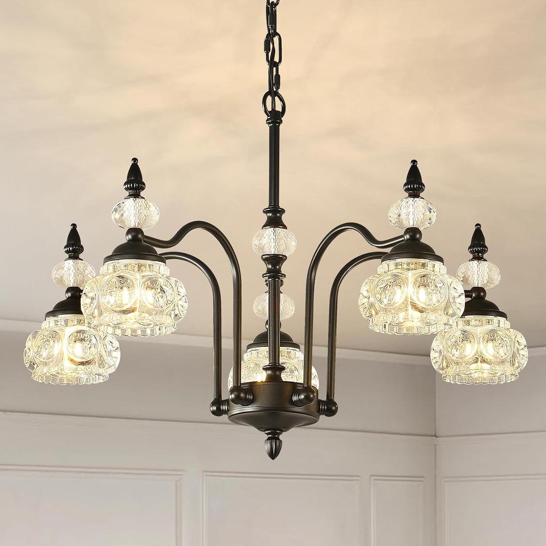 Vintage Crystal Pendant Light Fixture 24-Inch, 5-Light Victorian Black Modern Farmhouse Chandelier Hanging Lighting for Dining Room, Kitchen Island, Living Room, Bathroom, G9 Base