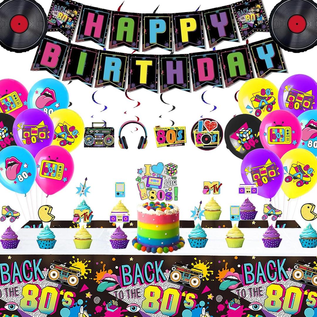 3 x 80s Birthday Party Decorations 32 PCS Balloon Set Kit with Happy Birthday Banner, Record Foil Balloons, Tablecloth, Cake Toppers, Latex Balloons for Retro 1980s Theme Party Supplies