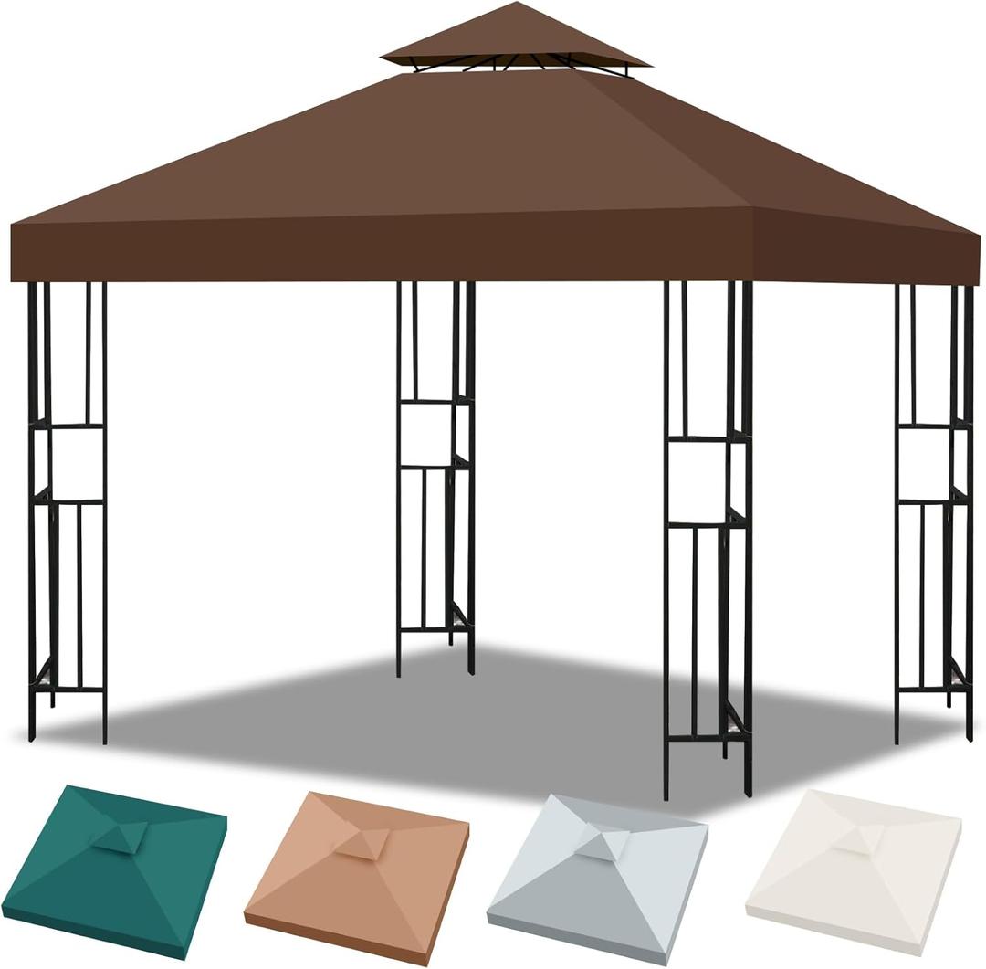 10x10 Double Tiered Canopy Replacement Top with Air Vent, Gazebo Roof for Outdoor Garden (Brown, Flat Edge)