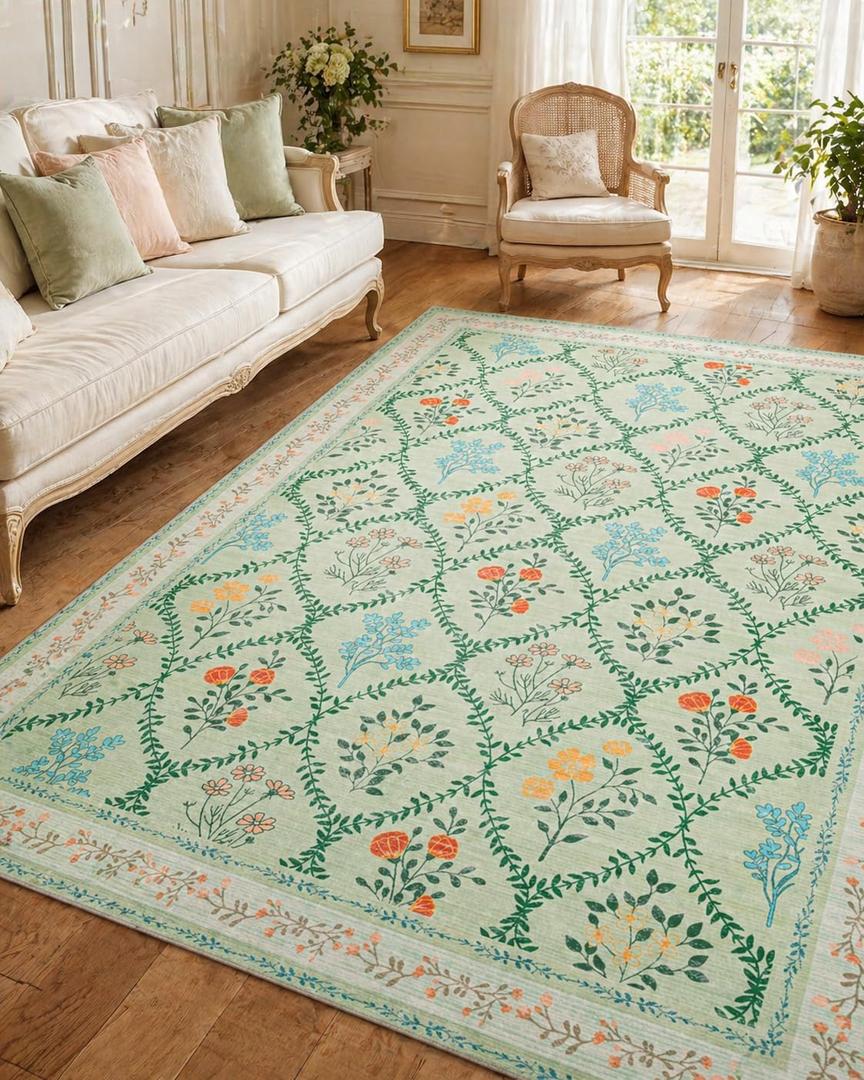 YIHOUSE Washable 8x10 Area Rugs for Living Room, Green Floral Rug for Bedroom Non Slip Ultra-Thin, Large Carpet for Kids Playroom, Classroom, Girls Dorm, Nursery, Green Multi