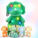 HyDren LED Roaring Plush Triceratops Zipper Stuffed Animals Set 1 Mommy Dinosaur with 4 Mini Cubs 1 Dinosaur Egg Light up Triceratops Christmas Birthday Surprise Gifts Party Favors for Boys and Girls