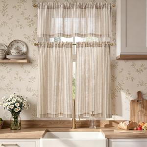 jinchan Kitchen Curtains and Valances Set Striped Tier Curtains Ticking Stripe Linen Curtains Pinstripe Cafe Curtains 36 Inch for Living Room Bathroom Farmhouse 3 Pieces Set Rod Pocket Taupe on Beige
