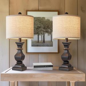 PoKat 20.5" Mid Century Table Lamp Sets of 2 for Living Room Retro Style Farmhouse Table Lamp for Bedroom Classic Beige Resin Bedside Night Light Lamps, Suitable for Small Place (32 Sets - Vintage Black)