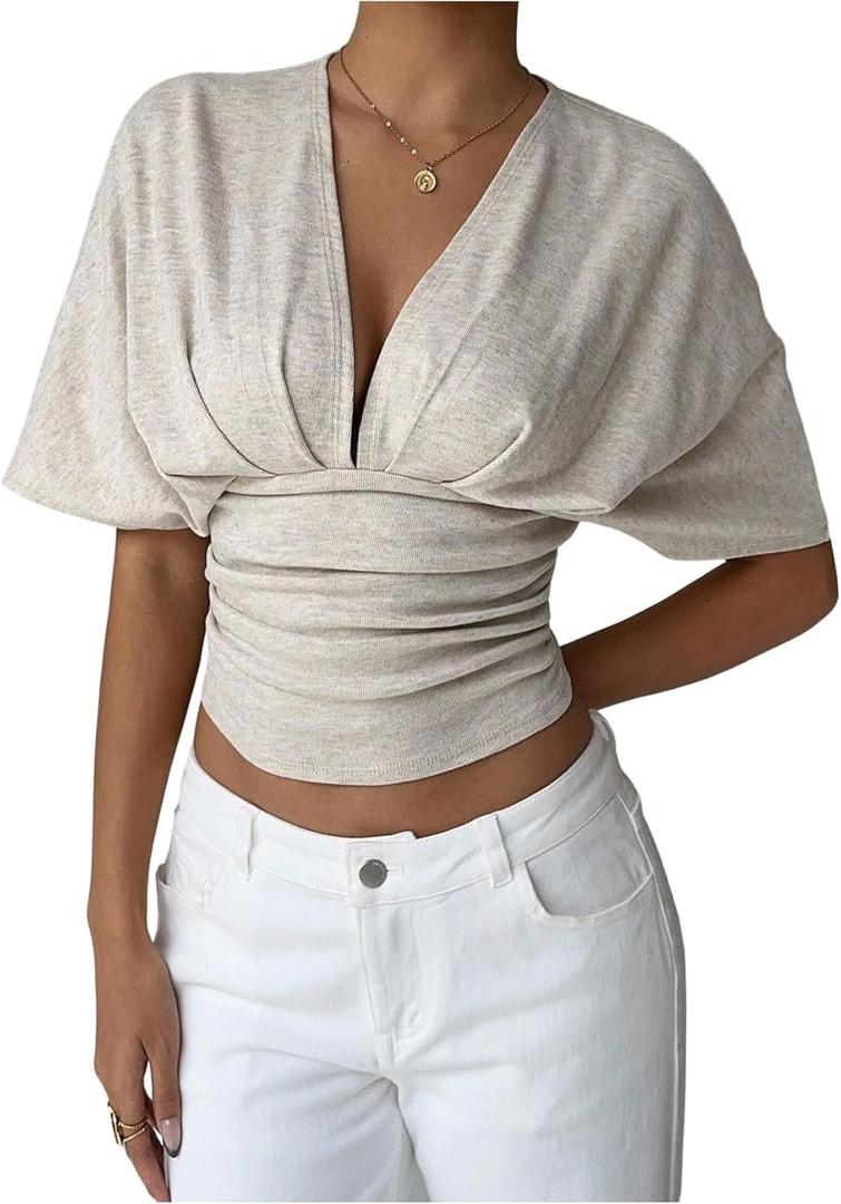 MakeMeChic Women's Crop Tops Deep V Neck Fitted Going Out Tops Y2k Short Sleeve T Shirt