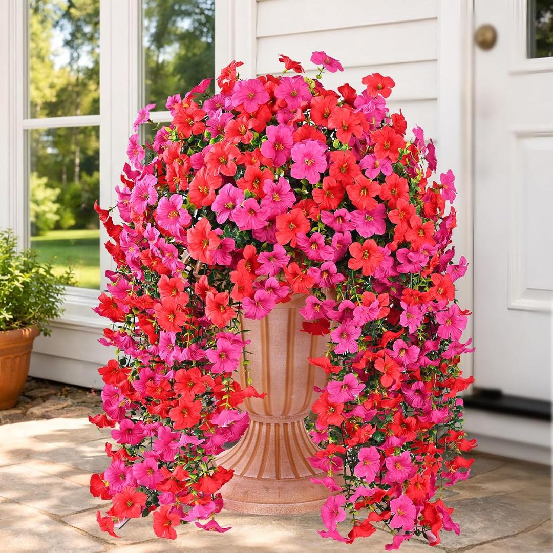 Realistic Artificial Flowers for Outdoors, 8 PCS Full UV Resistant Artificial Outdoor Flowers, Large Size Faux Flowers for Outdoor planters Fake Hanging Flowers Plants for Porch, Front Door, Garden (Purple Red+red)