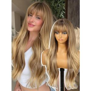 Honey Brown Wigs with Bangs, Brown Layered Wig for Women, Long Wavy Wigs Synthetic Hair Wig for Party Daily Use 26IN