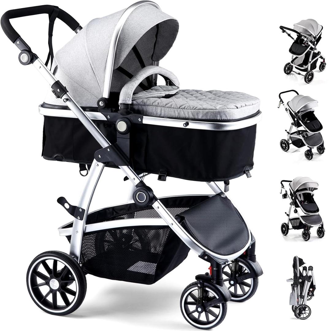 Hagaday Baby Stroller, 2-in-1 Reversible Toddler Seat with Basket Mode, Foldable Infant Stroller with Canopy, One Button Brake, Adjustable Handle, Newborn Pushchair (Gray)