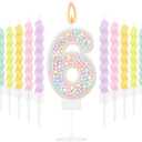 MTLEE Number 6 Birthday Candle with 12 Pcs Spiral Candles for Girls Macaron Pastel Rainbow Unicorn Pink Cake Topper for Sweet Theme Party Decoration (White)