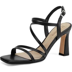 Strappy Heels for Women 3 Inch Chunky Block High Heels Square Open Toe Ankle Strap Dress Sandals for Wedding Prom Party Bridesmaid (Black)