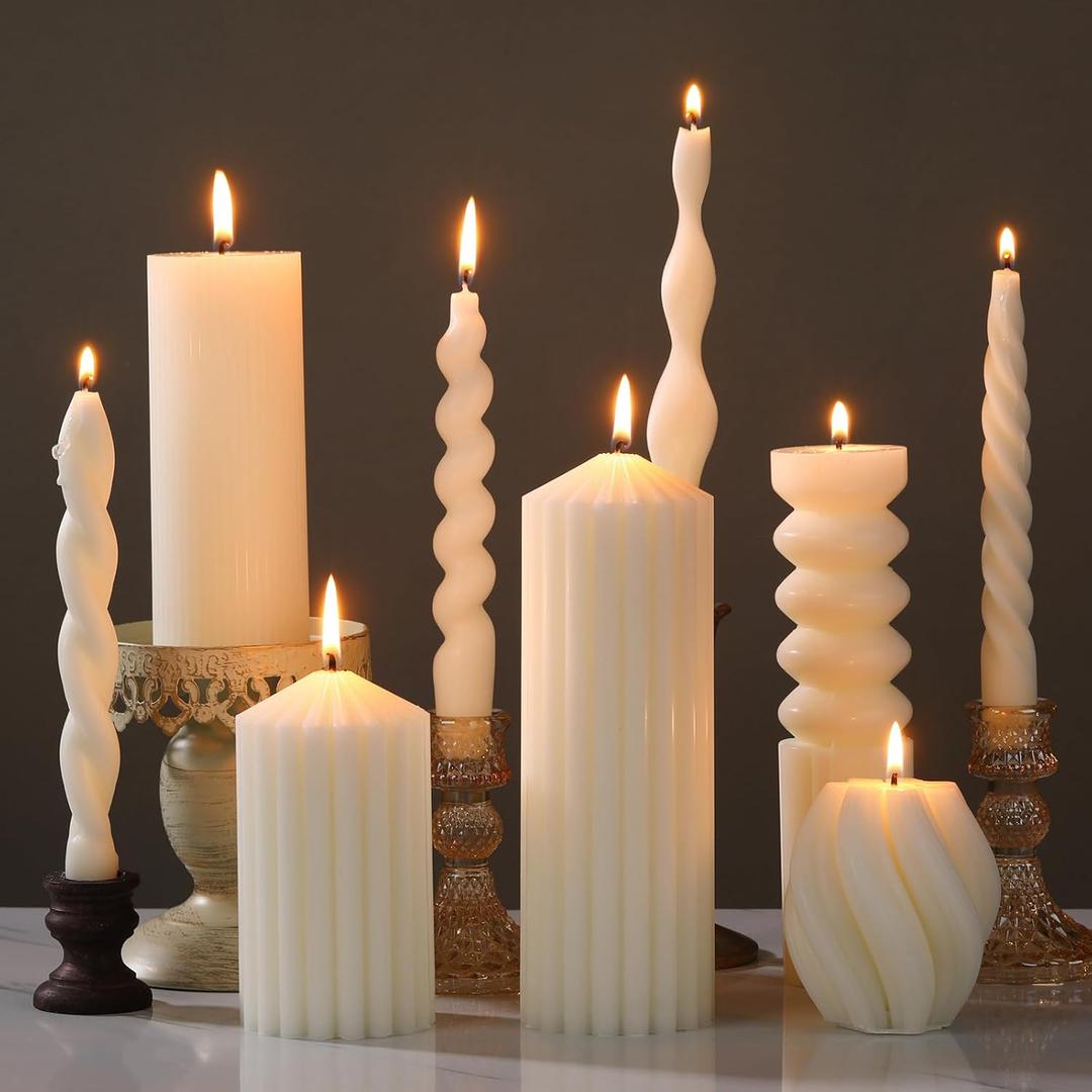 Nuanchu 9 Pcs Modern Decorative Candles Set 5 Pillar Aesthetic Ribbed Candles 4 Spiral Taper Twisted Candlesticks Scented Smokeless Soy Wax for Wedding Holiday Dinner Home Decorations(White)