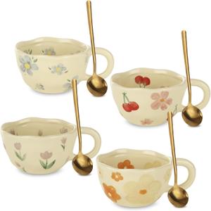 QTLCOHD 4 Styles Cute Ceramic Flower Coffee Mug Set 10 Oz Vintage Aesthetic Floral Tea Coffee Cup with Handle Dishwasher Microwave Safe for Woman Girls Gifts