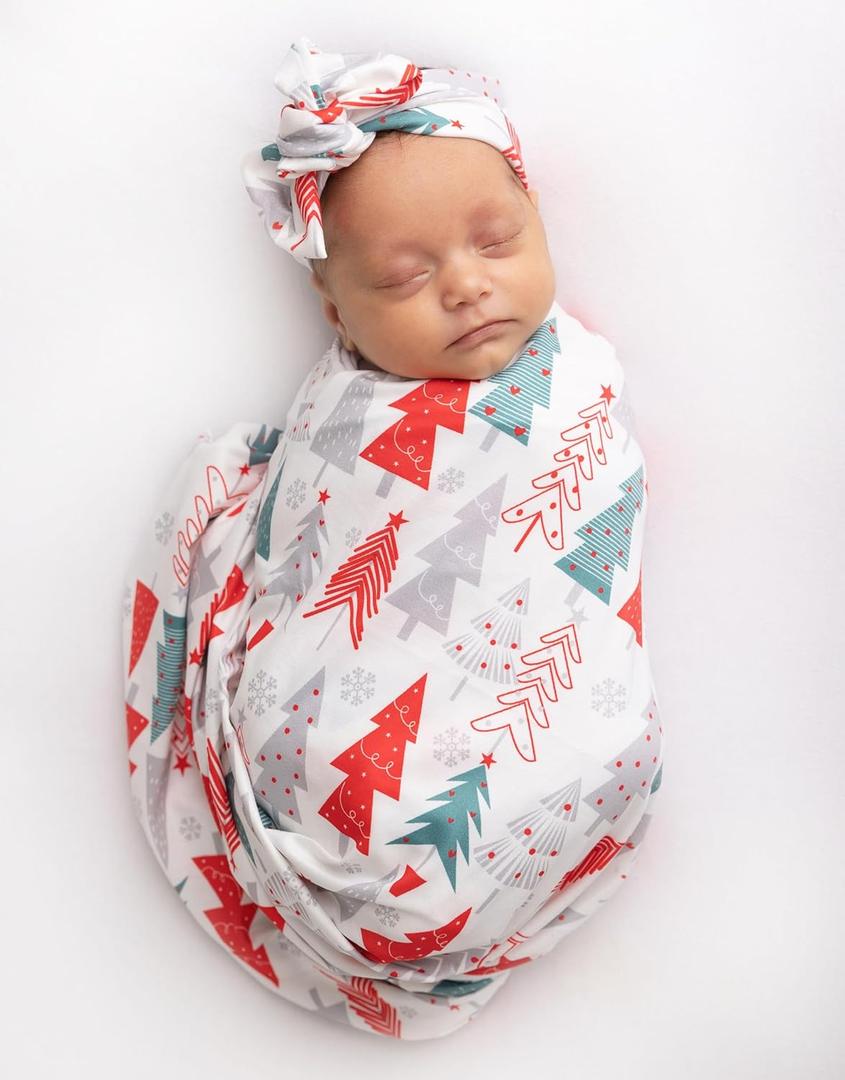 Newborn Baby Girl Receiving Blanket Swaddle Blanket Stretchy Knit Swaddle Set with Matching Headband and Beanie (Red Tree Christmas)