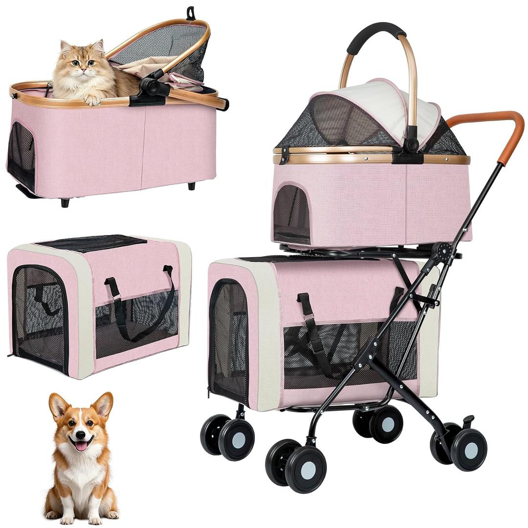 Double Pet Stroller for Dogs and Cats: Dog Stroller Foldable Travel Carriage with Detachable Carriers, Safety Belts, and 4 Lockable Wheels for Small to Medium Pets Ideal for Multi-Pet Homes (Black)