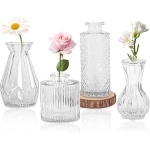 Set of 4 Glass Bud Vase Set, Small Vintage Clear Flower Vase Centerpieces for Table Bulk Cute Rustic Style Mini Vase for Home Decor Wedding Baby Shower Birthday Party