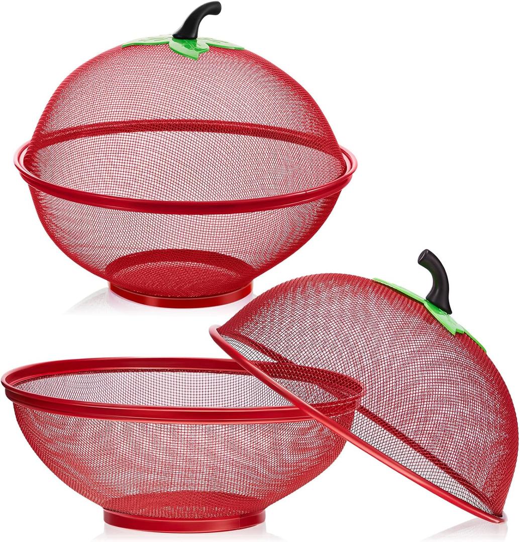 Tessco 2 Pcs Fruit Basket with Lid Mesh Apple Shaped Fruit Bowl Cover Protective Holder Countertop Metal Wire Against Flies Reusable Strainer for Gift Restaurant Kitchen Food Vegetable, Red
