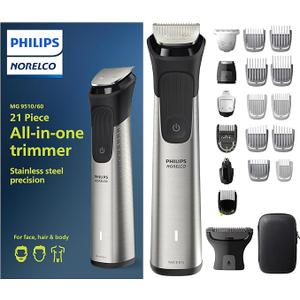 Philips Norelco Multigroom Series 9000-21 Piece Men's Grooming Kit for Beard, Body, face, Nose, Ear Hair Trimmer w/Premium Storage case, MG9510/60