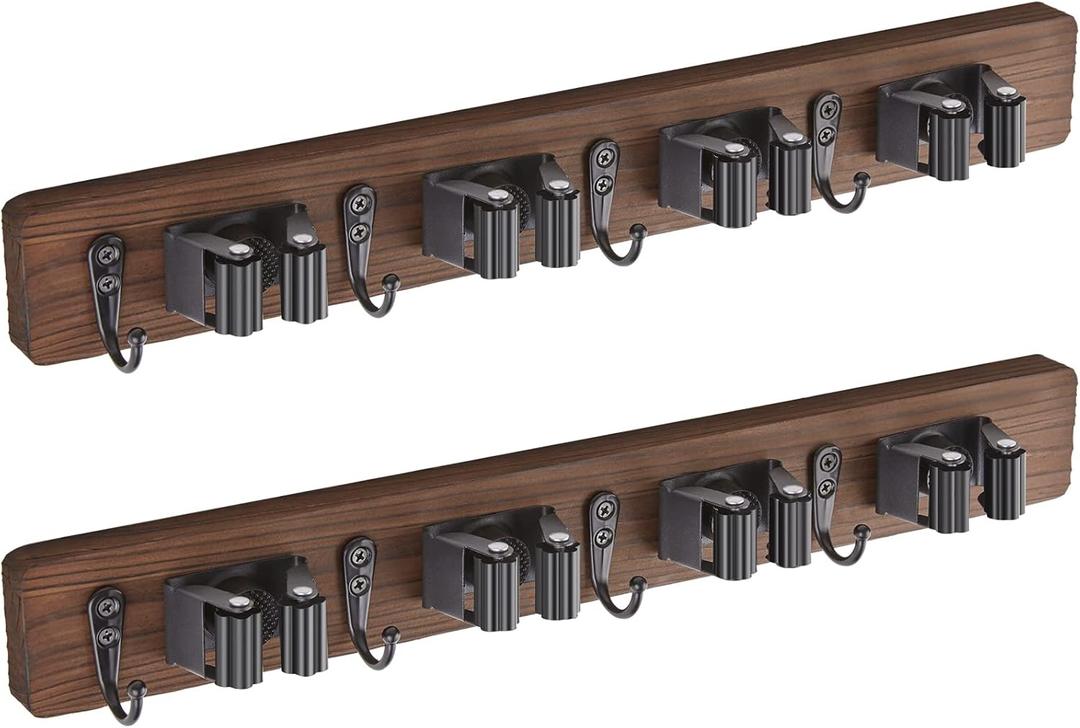 2 Pack Mop Broom Holder Wall Mount - Wood Broom Mop Hanger - Wall Mounted Garden Tool Rack Organizer for Closet Garage Laundry Room Farmhouse Rustic Kitchen Decor with 4 Slots & 4 Hooks