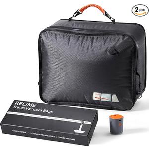 Relime Apex Series Vacuum Bags for Travel Luggage, 180° Open, Reusable Compression Bags for travel Pack, Vacuum Seal Packing Cube for Cloth (1Gray+Pump) ( Size Medium for Carry On)