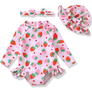Baby Girl Swimsuit Long Sleeve One-Piece Swimwear with Hat Rash Guard Ruffle Floral Zipper Beach Infant Bathing Suit (Pink), Size 3-6M