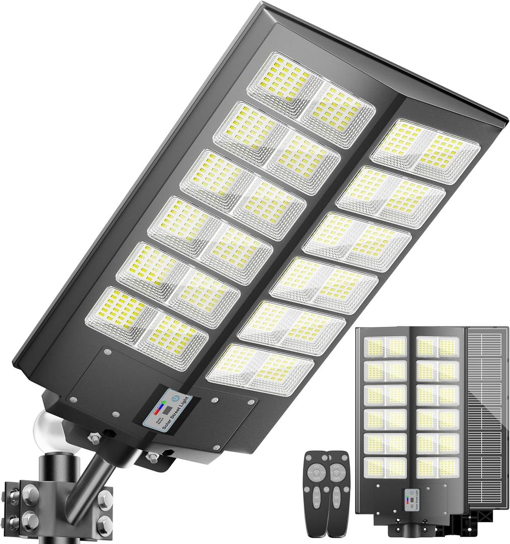 Solar Street Lights Outdoor Waterproof 9000W - LED Solar Powered Street Light Dusk to Dawn with Mention Sensor, Heavy Duty Large Outdoor Solar Lights for Commercial Parking Lot/Garden/Yard/Pathway