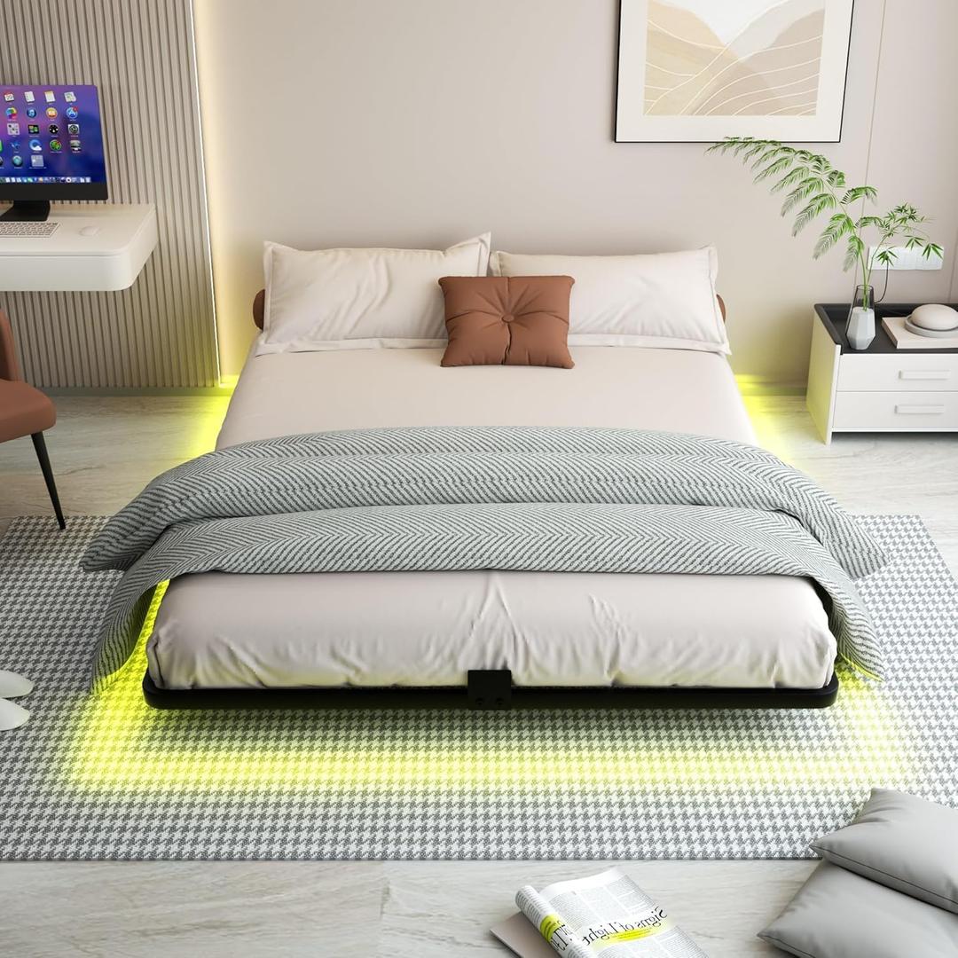 King Floating Bed Frame with LED Lights - Modern Metal Platform Bed Frame - Noise Free No Box Spring Needed and Easy Assembly