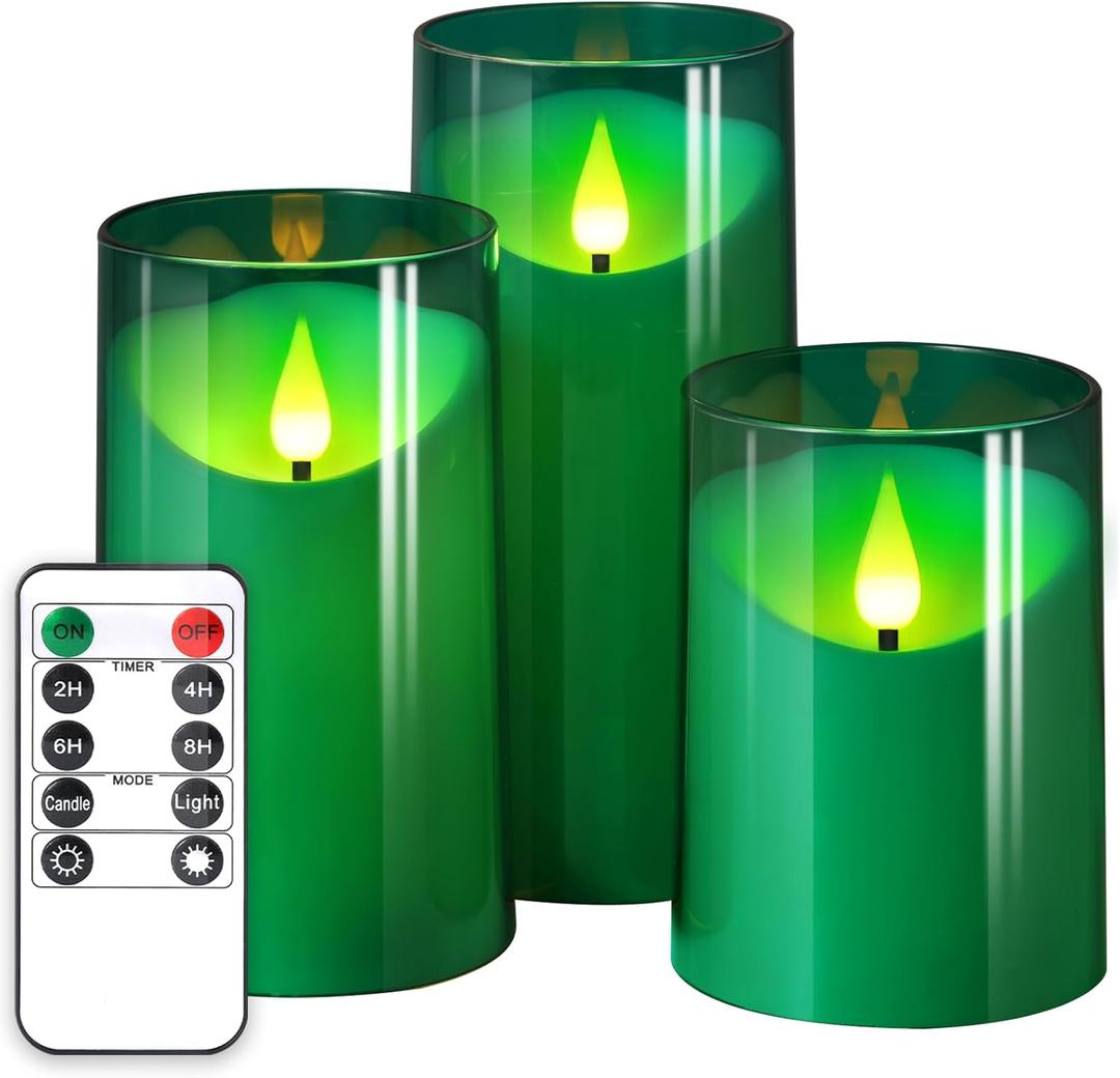 NURADA Flameless Candles: 3D Wick Battery Operated LED Pillar Acrylic Fake Candles with Remote and Timer for St. Patrick's Day Home Holiday Christmas Party Table Decor - 3 Pack Green (4" x 5" x 6")