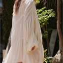 Women Swimsuit Coverup Flowy Ruched Bell Sleeve Beach Cover Up Tops Summer Casual Long Chiffon Front Tie Cardigan(Ivory,M) (White, M)