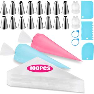 Piping Bags and Tips Set, Cakes Decorating Supplies Kit with 100pcs 12 Inch Pastry Bags, 16 Piping Tips, 3 Cake Scraper, 2 Couplers, 2 Bag Ties, Simple and Convenient Baking Supplies Set